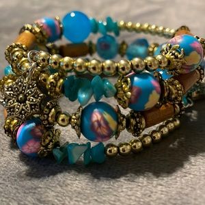 Glass & Wood Bead Stretch Bracelet Boho Chic Hippie Retro Vibe Wraparound!